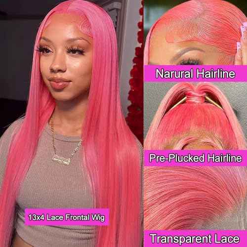 Pink Lace Front Wig Human Hair Straight 13x4 HD Transparent Lace Front Wig Pre Plucked with Baby Hair 20 Inch Colored HD Lace Frontal Wig For Black Women