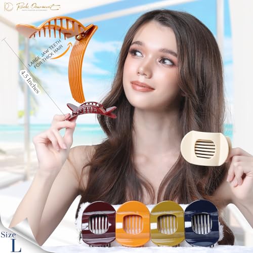 RC ROCHE 6 Pcs Flat Claw Hair Clips for Women Thick Hair French Round Duckbill Square Secure Strong Hold Grip Clamps Barrettes Curved No Slip No Crease Styling Cute Extra Jumbo XL, Large Classic