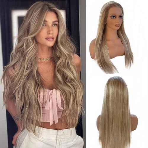 Upgrade - Strawberry Blonde Mixed Platinum Blonde HD Lace Front Human Hair Wigs,13*4 Ombre Highlight Straight Lace Wig 100% Remy Virgin Hair,Pre Plucked with Baby Hair Natural Hairline 150% Density