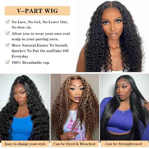 V Part Wig Human Hair Deep Wave No Leave Out Upgrade U Part Wigs for Black Women 180% Density Glueless Curly V Part Human Hair Wigs No Glue No Sew Clip In Half Wig Beginner Friendly (22 Inch)