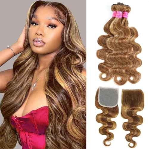 Ombre Brown Highlight Body Wave 3 Bundles with 4x4 Closure Human Hair HD Lace Free Part Soft and Glossy 12A Blonde P4/27 Color 100% Human Hair Bundles with Closure 16 18 20+14 Inch