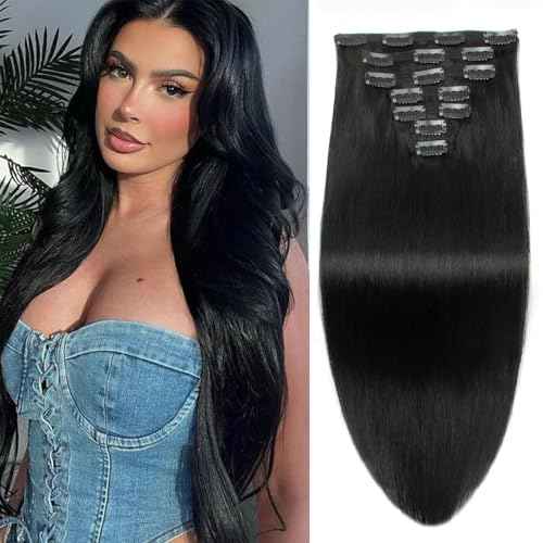 Jet Black Clip in Hair Extensions Real Human Hair Clip ins 20 Inch 7pcs 120g Human Hair Clip in Extensions Straight Hair Double Weft Human Hair Extensions For Women