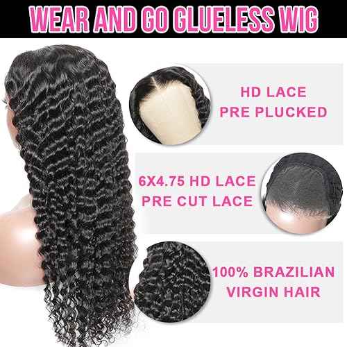 Wear and Go Bye Bye Knots 7x5 Pre Cut HD Lace Deep Wave Glueless wigs Human hair, 3D Dome Cap Glueless Wig Pre Plucked, Lace Pre Cut Glueless Curly Wig Natural black 200% Density 20 Inch