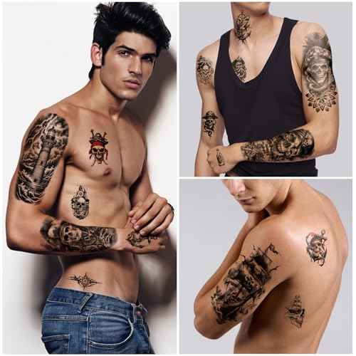 77 Sheets Pirate Temporary Tattoos Adult Men Kids Captain Pirate Ships Flag Sailor Anchor Sailboat Skull Fake Tattoos, Pirates Stickers for Costume Dress Up Makeup Party Accessories