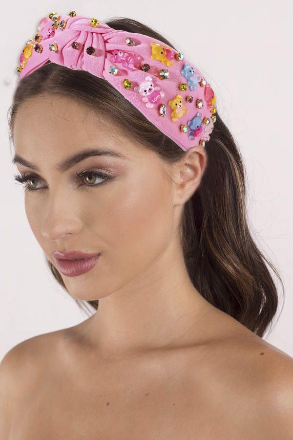 Knotted Headband for Women Gummy Bear Crystal Jeweled Embellished Top Knot Hairband Statement Wide Turban Hair Hoop Funny Gifts for Girls Sister Birthday Xmas Holiday Party