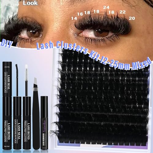 Mega Lash Clusters Kit 300D Thick 12-25mm Volume Cluster Eyelash Extensions Kit 224Pcs Wispy Individual Lashes with Lash Bond and Seal and remover Eyelash Clusters Soft False Eyelashes by Yaiseiko