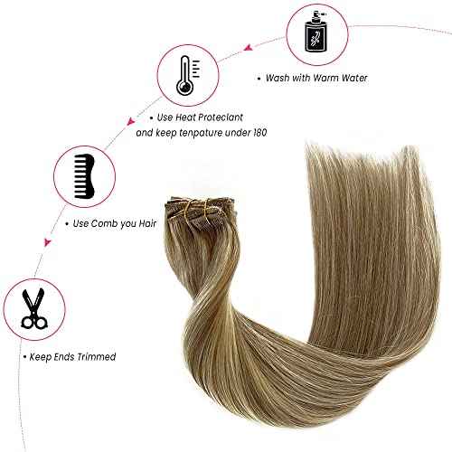 Blonde Clip in Human Hair Extensions Real Remy Natural Hair 20Inch Light Blonde Highlighted Golden Blonde Balayage Clip for Hair Extensions 7 Pieces 70G