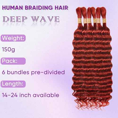 Human Braiding Hair for Boho Braids 150g 22 Inch Deep Wave Ginger Boho Braids Human Hair No Weft Boho Human Braiding Hair Curly 6 Bundles/Pack 350#