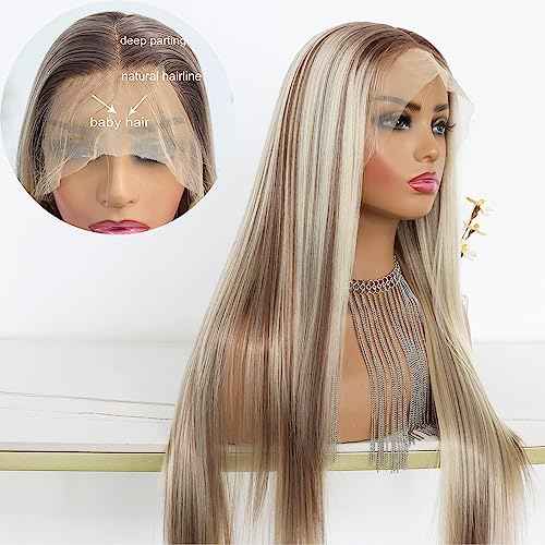 Highlight Ash Blonde Lace Front Wig Long Straight Glueless Ombre Brown Mixed Blonde 13x4 Synthetic Lace Front Wigs for Women 150 Density 24 Inches