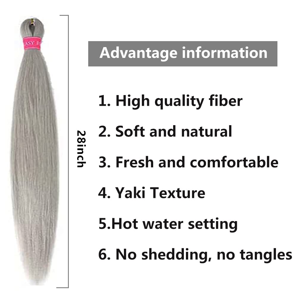 ZERAL Pre Stretched Braiding Hair 6 Packs 28 Inch Long Braiding Hair Professional Synthetic Braiding Crochet Twist Braids Yaki Straight Texture Hair Hot Water Setting (Silver)