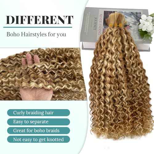 Ombre Blonde Water Wave Human Braiding Hair Highlights Colored Curly Braiding Human Hair No Weft Bulk Hair for Knotless Bohemian Box Braids Wet and Wavy Braiding Hair 100 Grams 22in
