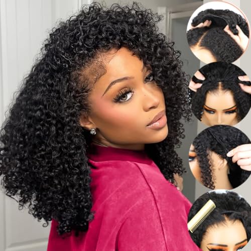 Curly Half Wig 200% Density Kinky Curly Half Wig 3 In 1 Seamless Flip Over Glueless Wigs Human Hair with Drawstring Beginner Friendly Curly Wig Headband Wig for Women Daily Wear