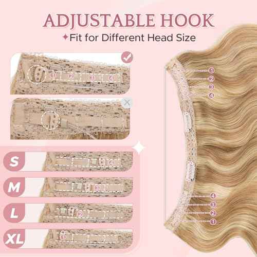 SEGO Halo Hair Extensions, Wavy Adjustable Invisible Wire Extensions, Real Human Hair, 2 Clips for Women Transparent Fish Line Extensions, Add Length Volume, 16 inches, Gold Blonde Mixed Bleach Blonde