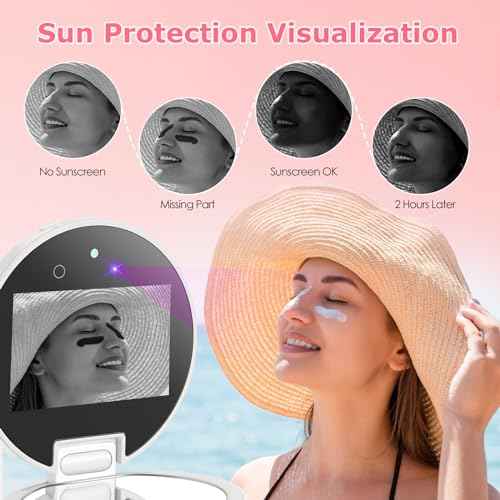 UV Camera for Sunscreen Test UV Mirror Sunscreen Camera, 3.8 Inch Rechargeable 2X Magnifying Vanity Mirror with Light Handheld Double-Sided Pocket Mirror for Skin Protection(White)