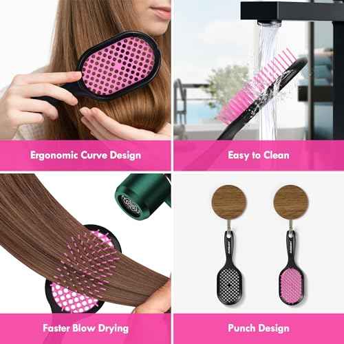 Vented Detangling Hair Brush - 2 Pack Detangler Hairbrush for Effortless Tangle Removal - Ultra-Soft Bristles -For Natural Curly Straight Wet Dry Damaged Hair for Women Men Kids - Black & Pink