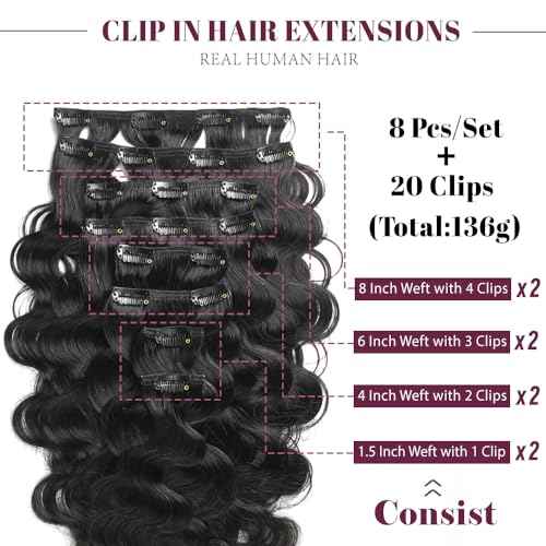 KRN Clip in, 135g 8 pcs Full And Thick Body Wave Hair Extensions Clip ins for Black Women 12A Natural Black Real Hair Extensions Clips in Human Hair with 20 Clips Easy to Wear 24 Inch