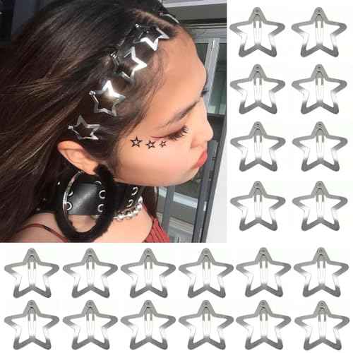20 PCS 1.22 inches Star Hair Clips Snap Star Hair Barrettes Cute Lovely Accessories, Non Slip Clips for Girls Women 2000s Y2K Silver Metal Hair Clips