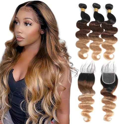 10A Ombre Human Hair Bundles With Closure 100% Brazilian Virgin Human Hair Body Wave Ombre Hair 3 Tone Black to Blonde Brazilian Remy Hair Bundles (T1B/4/27,16 18 20+14)