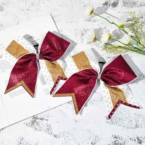 8 PCS Large Glitter Cheer Bows 8" Rhinestones Hair Bows Sparkly Cheerleading Softball Team Bow Hair Ponytail Holder Accessories for cheerleaders football Competition Sports- Maroon Gold