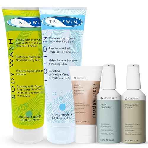 TRISWIM Chlorine Removal Body Wash & After Swim Lotion with Dermasport pH Balancing Cleanser, Hydrating Face Moisturizer, and Facial Sunscreen SPF 50 Bundle | Complete Skincare & Haircare for Swimmers