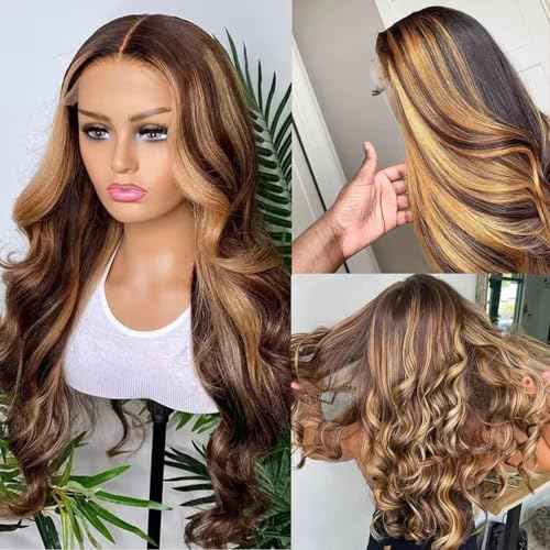 Ombre Lace Front Wig Human Hair Highlight Wig Human Hair 13x4 HD Transparent Body Wave Lace Front Wigs Human Hair 200% Density Honey Blonde Wigs for Women (26 inch)