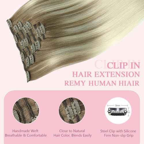 PINKPEARL Human Hair Clip in Hair Extensions 14inch #8T60 Ash Brown to Platinum Blonde Balayage Clip in Hair Extensions Real Human Hair 7pcs 120g Natural Remy Human Hair(#8T60-14)