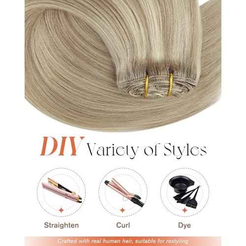 Sunny Hair Clip in Hair Extensions Straight Human Hair Clip in Extensions Remy Clip in Hair Extensions Real Human Hair Extensions Clip ins Golden Blonde Highlights Light Blonde 12inch