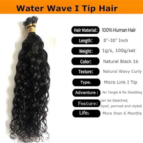 Water Wave I Tip Human Hair Extension Pre Bonded Microlink Wet & Wavy Micro Beads Keratin Stick I Tip Hair For Women 26inch 100Strands 100g, Natural Black 1b