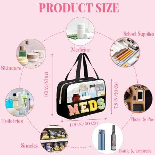 Chenille Letter MEDS Bag Clear Medical Medicine bag for Traveling Preppy Emergency Patch Bag with Handle and Zipper Waterproof Nylon Portable Makeup Bag for Women