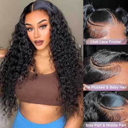 HD Transparent Lace Frontal Wigs Human Hair Deep Wave Wig 13x6 Lace Front Wigs Human Hair Pre Plucked 180 Density Curly Wigs for Black Women Natural Hairline Natural Color 24 Inch