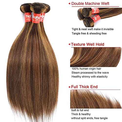 Haha Honey Blonde Highlight Human Hair Bundles With Closure Straight P4/27 Brown Blonde Ombre Bundles With Lace Closure 4x4 Brazilian Raw Human Hair Weave Sew In Extensions 14 16 18+12