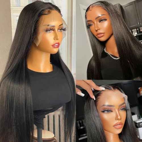 13x4 Straight Lace Front Wigs Human Hair 24 Inch Pre Plucked Human Hair Wig Glueless 180% Density HD Transparent Lace Frontal Wigs Human Hair for Black Women Natural Color(24 Inch)