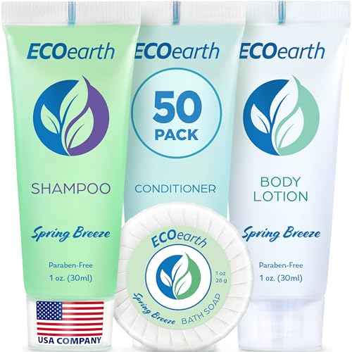 EcoEarth Hotel Toiletries Bundle (Spring Breeze, 1 oz each, 200 Pieces) 4-Piece Set: 50 Round Bar Soap, 50 Shampoo, 50 Conditioner & 50 Body Lotion - Bulk Mini Guest Amenities