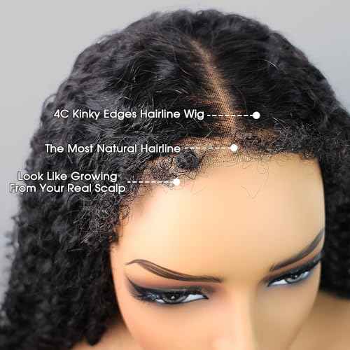4C Edges Glueless Wigs Kinky Curly Human Hair Pre Plucked Pre Cut 6x4 HD Lace Front Wear and Go Glueless Wig with Kinky Edges 180% Density 18 inch