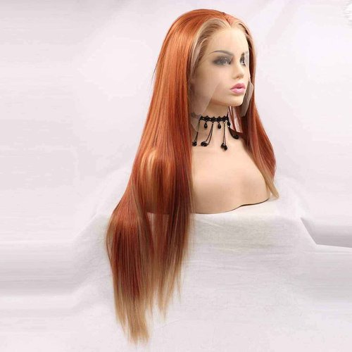 Xiweiya Wig Long Red Brown Wig with Blonde Synthetic Lace Front Wig Hightlight Long Soft Wig Silky Straight Hair Replacement Wig for Women, Drag Queen Makeup 24 inch