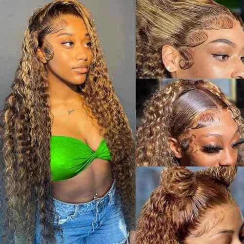 Honey Blonde 13x4 Deep Wave Lace Front Wigs Human Hair Pre Plucked with Baby Hair 4/27 Highlight Glueless HD Transparent Lace Frontal Wigs for Black Women 180 Density (24 Inch)