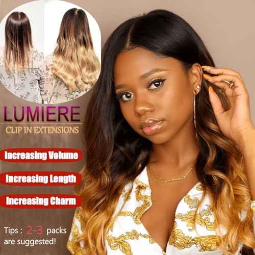 LUMIERE Human Hair Clip In Extensions, Ombre Blonde Body Wave Seamless Clip In Hair Extensions Real Human Hair 1B/4/27 Balayage Hair Extensions 120g 8pcs Per Set 24 Inch
