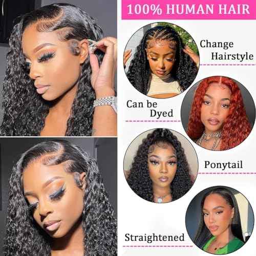 13x6 Lace Front Wigs Human Hair Water Wave 200 Density 13x6 HD Full Lace Frontal Wigs Pre Plucked Wet and Wavy Glueless Deep Curly Human Hair Wigs for Women Natural Black 22 Inch