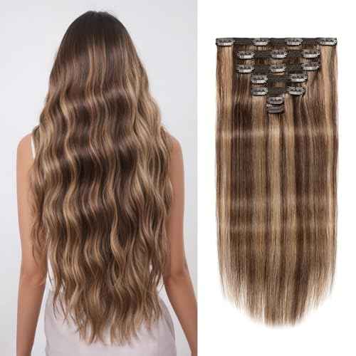 Clip in Hair Extensions Real Human Hair 18 inch, 7Pcs/70g Human Hair Clip in Extensions, Seamless Clip in Hair Extensions Human Hair #4/27 Medium Brown/Dark Blonde, 18 Inch