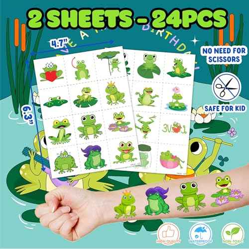36PCS Frog Party Favors - 24PCS Pre-Cut Temporary Tattoos & 12PCS Stamps - Ideal Animal Frog Princess Themed Birthday Card Decorations Supplies Goodie Bag Cute Rewards for Boys Girls Classroom Gifts