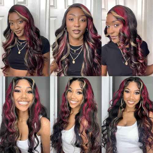 Black Red Blonde Highlights Wig Human Hair 13x4 Body Wave Lace Front Wigs Human Hair 180% Density Ombre Blonde Red Highlight Glueless Colored Body Wave Wig Pre Plucked for Women 18 Inch