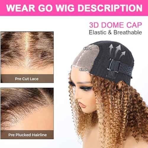 16 inch Wear and Go Glueless Wig Ombre Highlight 4/27 Kinkycurly Wigs Pre Cut Transparent Lace Wig human hair Pre Plucked,Natural Hairline for Women 200% Density