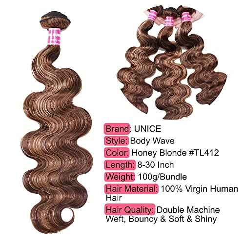 UNice Honey Blonde Highlight Body Wave Human Hair Weave 1 bundle 28 inch, Brazilian Remy Hair Dark Root Ombre Blonde Human Hair Extensions for Sew In TL412 Color