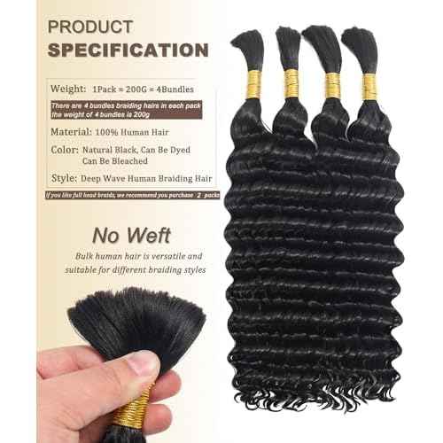 Bulk Human Hair for Braiding - 12A Curly Human Hair Bundles for Black Women - 20 inch, Deep Wave, No Weft, Boho Braids - 100% Unprocessed Brazilian Virgin Human Hair Extensions - Beauty Youth