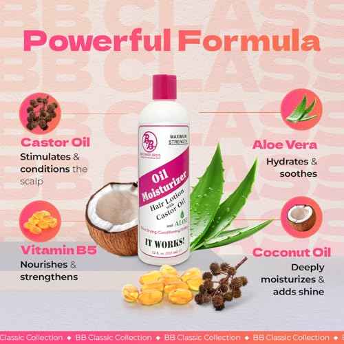 Bronner Bros BB Oil Moisturizer Hair Lotion for Damaged Hair, Scalp Stimulator with Castor Oil, Aloe Vera, Vitamin B5 & Coconut ? Alcohol-Free Formula, Natural & Relaxed ? 12oz
