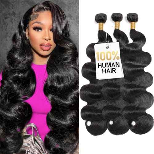 Body Wave Bundles Human Hair 16 18 20 Inch 3 Bundles Human Hair 300g 100% Unprocessed Brazilian Virgin Raw Hair Extensions Natural Black Weave Real Human Hair Bundles for Women