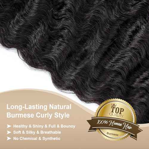 Burmese Curly Bundles Human Hair 16 Inch 12A Deep Wave 1 Bundle 100% Unprocessed Quick Weave 3c4a Water Wave Bundles with Spiral Curly End Real Human Hair Extensions Natural Black