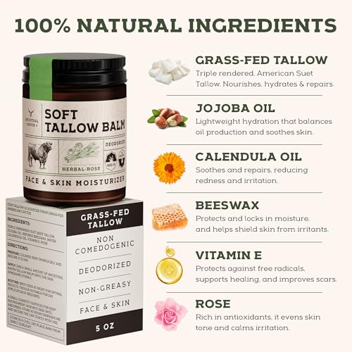 Beef Tallow for Skin - Tallow And Herbal Balm For Face - Tallow Face Moisturizer - Beef Tallow Moisturizer - Tallow Balm - Grass Fed Beef Tallow For Skin - Tallow Face Cream Lotion (5.0, Herbal-Rose)