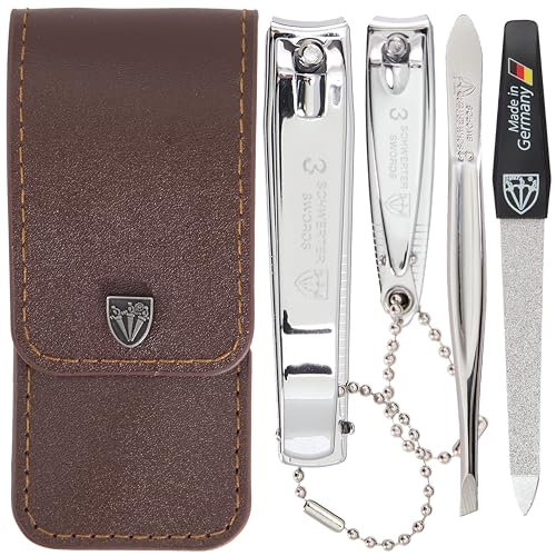 3 Swords Germany - Brand Quality 4 Piece Manicure Pedicure Grooming kit Set for Professional Finger & Toe Nail Care Tweezers File Clipper Brown Synthetic Leather case - Made by 3 Swords