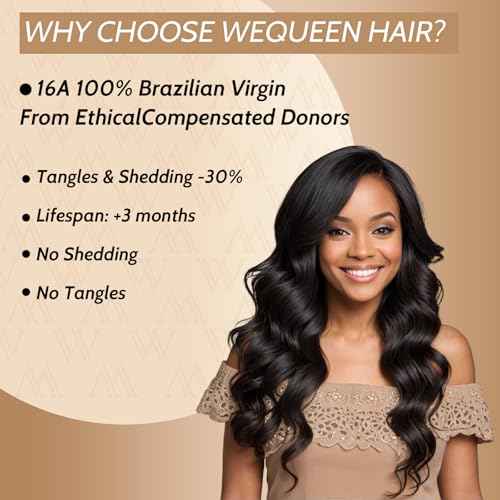 Wequeen 16A Body Wave Human Hair Bundles 14 16 18 Inch 100% Unprocessed Brazilian Virgin Hair Quick Weave Bundles Human Hair Extensions Real Human Hair, Natural Black